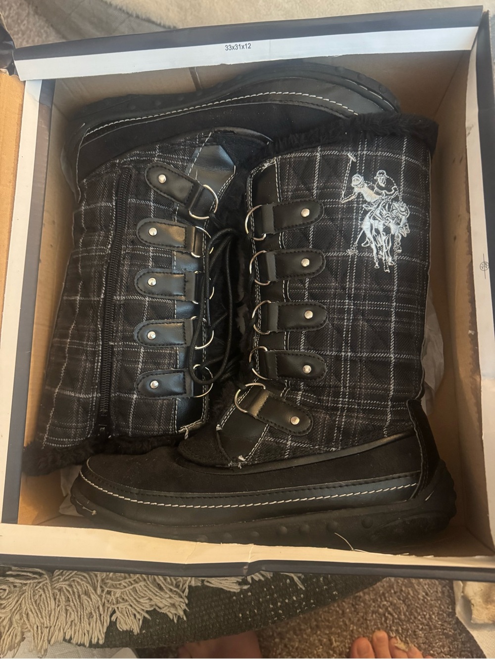 Women’s Black Plaid Winter Boots with Faux Fur Trim